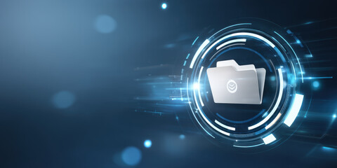Abstract technology background with folder symbol showing secure digital data transfer process
