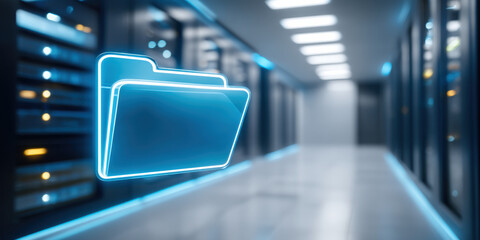 Futuristic glowing folder icon for digital data transfer in server room corridor