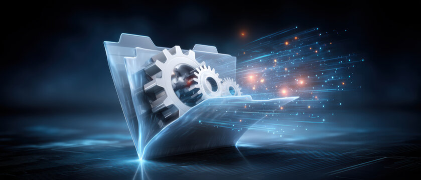 Digital data transfer folder with gear mechanism enabling efficient technical process - Powered by Adobe