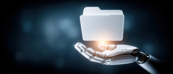Robotic hand holding digital folder for efficient data transfer and secure file storage