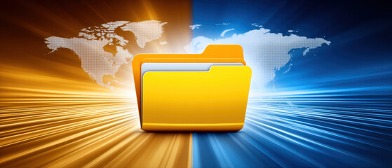 Secure yellow folder processing global data transfer on abstract map background