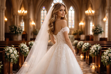 Fototapeta premium beautiful woman wearing wedding dress at the church 