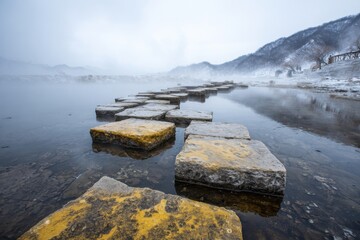 Stepping stones in a misty lake with mountains water