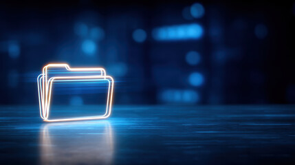 Glowing blue neon folder icon signaling secure digital data transfer process