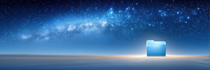 Glowing blue folder icon for digital data transfer in starry space