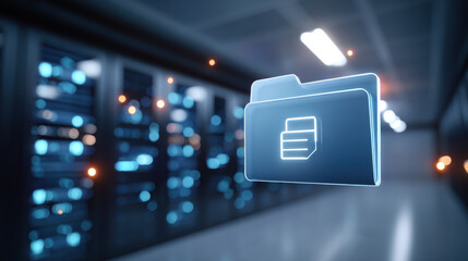 Glowing blue folder icon representing secure data transfer technology