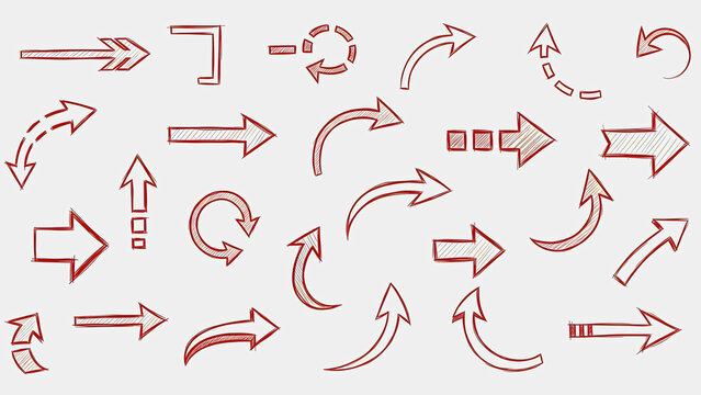 Collection of red arrows and symbols displayed on a plain background