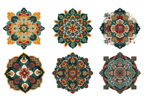 Vector set of colorful traditional oriental floral mandalas and geometric dancheong ornaments