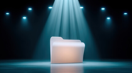 Bright spotlight beams on file folder for rapid data transfer concept