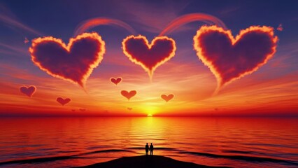 Radiant Golden Hour Scene with a Heart Shaped Cloud Floating in a Warm and Dreamy Sky