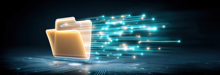 Digital folder showing rapid energetic data transfer with blue glowing light trails