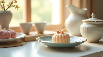 Calm Japanese Tea-Time Scene with Wagashi Dessert, Soft Pastel Elegant Food