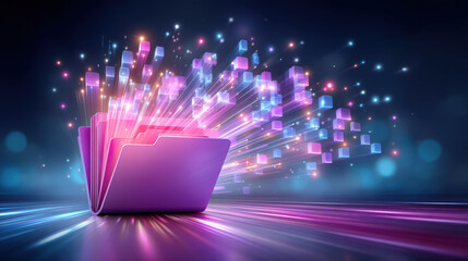 Vibrant digital folder illustrates rapid data transfer speed with futuristic technology glow