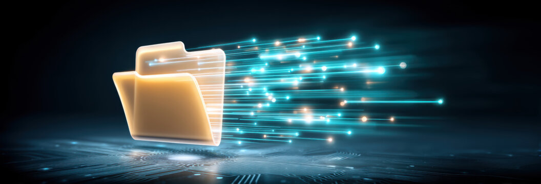 Digital folder showing rapid energetic data transfer with blue glowing light trails - Powered by Adobe