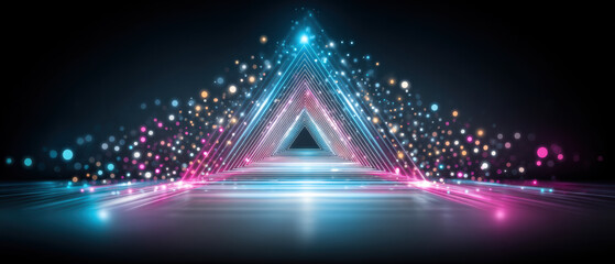 Abstract neon triangle showing vibrant digital data transfer technology in futuristic space