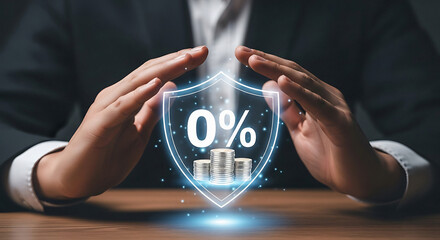 Person in suit holding glowing shield with 0 percent and coins symbol hands