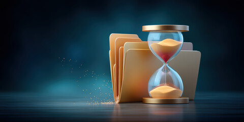 Hourglass timer near file folder symbolizing urgent data transfer
