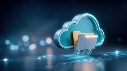 Futuristic cloud folder for secure digital data transfer and technology backup storage