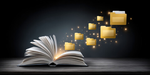 Magical open book with glowing data transfer into flying digital folder