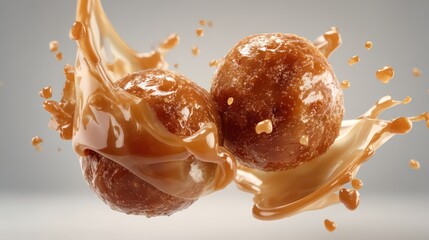 Glazed dough balls slam together, sugar shards flying in frozen mid-motion. The glossy textures reflect controlled lighting, ensuring a