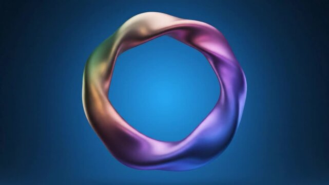 Abstract floating, iridescent, toroid shape on a gradient blue background