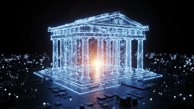 Digital temple glows on circuit board with light inside columns. Glass building illuminates digital platform. Temple structure shines on circuit surface. Digital architecture with glowing light.