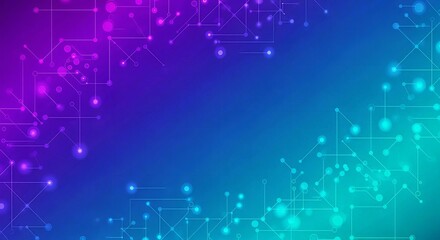 AI-generated abstract technology-themed background with a 16:9 aspect ratio, featuring a smooth color transition from vibrant purple to teal blue. Includes glowing connected nodes and geometric line p