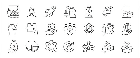 Set of Business and Strategy Line Icons Collection Vector Isolated on White Background Such as Achievement, Startup, Launch, Development, Planning, Target, Success and More 200
