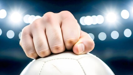 Hand gripping volleyball under bright stadium lights
