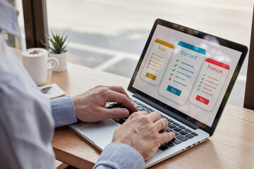 subscription concept, subscription plan for online service, man choosing online education course, SaaS concept software as a service, buy monthly access