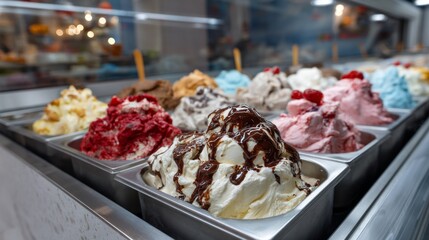 A large counter showcases an enticing array of colorful ice creams, each adorned with sweet toppings. Scoops of joy await eager customers at a charming dessert shop, inviting indulgence