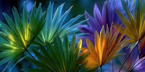 Vibrant tropical fan palm leaves in bold colors.