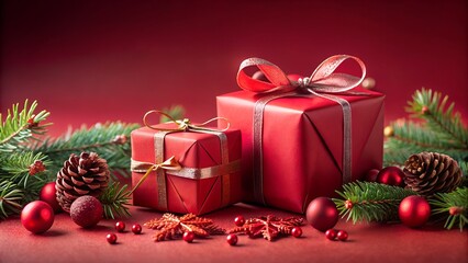 red gifts with ornaments on festive background