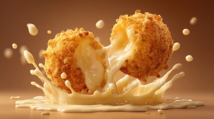 Golden fried cheese puffs crash together, melted cheese droplets stretching outward. Sharp focus textured surfaces with warm lighting, while