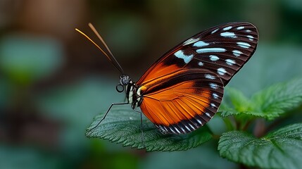 Fototapeta premium Dark Orange and White Butterfly Resting on Green Leaf, Macro Close-up with Blurred Background, Insect Detail for Nature Magazine or Educational Material