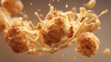 Golden fried cheese puffs crash together, melted cheese droplets stretching outward. Sharp focus textured surfaces with warm lighting, while