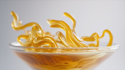 Golden noodles defy gravity above a pristine bowl of glass, strand floating with elegant curvature. Vapor curls lazily into