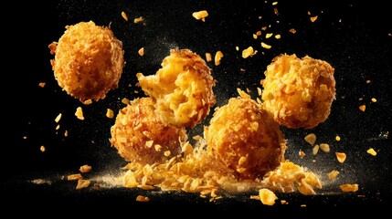 Golden hush puppies collide in freefall, cornmeal crumbs frozen in motion. The lighting reveals crispy textures while the clean