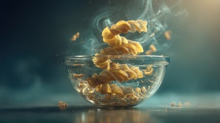 Golden noodles spiral upward from a transparent bowl, floating effortlessly in zero gravity. Mist rises softly, adding atmospheric haze.