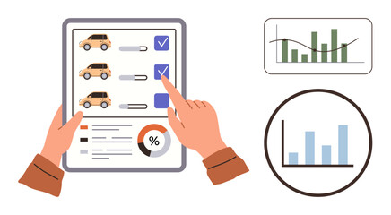 Hands evaluating vehicle checklist with charts showing performance data. Ideal for decision-making, business analytics, vehicle comparison, fleet management, data analysis, statistics, productivity