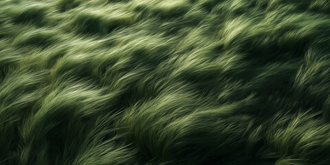 Obraz premium Soft long grass swaying naturally in the wind forming a peaceful green field background for wellness, eco branding, nature websites and banners.