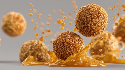Honey-coated sesame balls collide dramatically, golden syrup droplets scattering midair. Textured surfaces glisten under warm professional lighting, while the