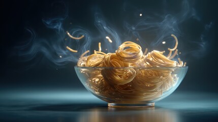 Golden noodles spiral upward from a transparent bowl, floating effortlessly in zero gravity. Mist rises softly, adding atmospheric haze.