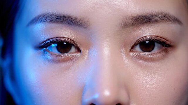 Close-up of eyes closed with visible lashes and skin texture, lit with blue tones