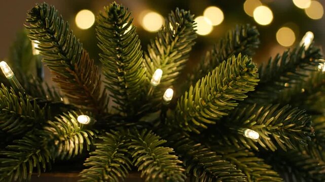 Close-up of Christmas tree branches with festive string lights for holiday season decorations and backgrounds