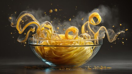 In weightless suspension, a glass bowl floats with noodles spiraling upward in fluid arcs. Mist escapes gently into clear