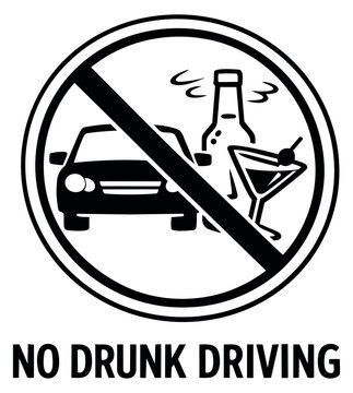 Bold graphic illustration of a no drunk driving symbol depicting a car and alcoholic beverages for public awareness