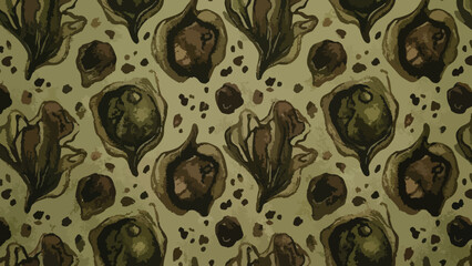 Abstract organic camouflage pattern with leaf and seed pod shapes in earthy tones, flat vector illustration © Sakib Creative