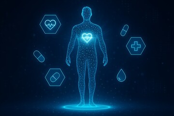 Futuristic digital healthcare interface with DNA helix and medical data visualization.