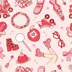 90s Valentine Seamless Pattern, Trendy Retro Girly Love Digital Paper, Vintage Love Y2K Repeat Pattern Design Vector